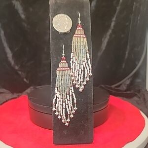 0512. Handcrafted Red and White Beaded Dangle Earrings